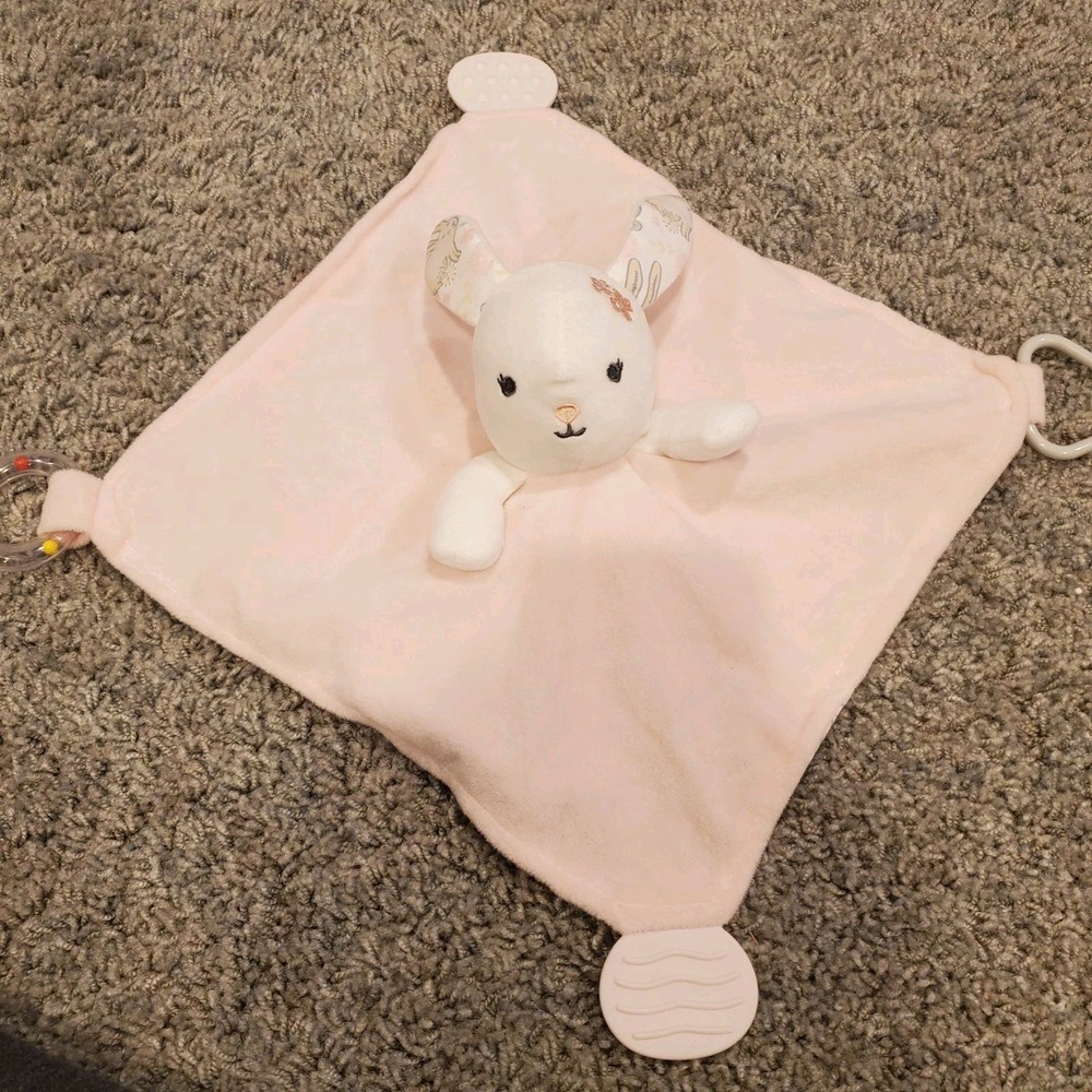 Modern Baby Pink White Bunny Rabbit Lovey Security Blanket Rattle Teether Floral